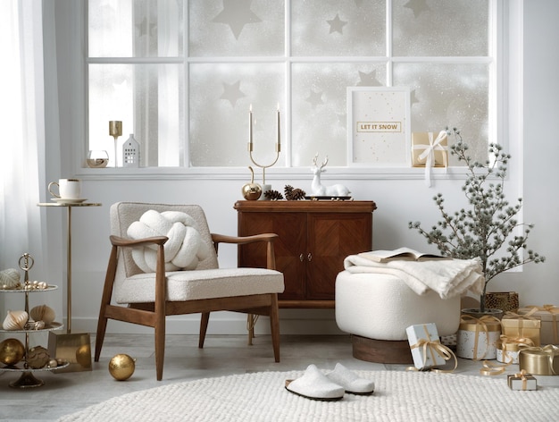 Intérieur de salon de Noël incroyable et confortable avec étagère, fauteuil en boucle, pouf, maquette d'affiche