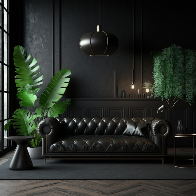 Intérieur de salon noir minimal avec canapé en cuir AI générative