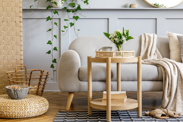 Photo intérieur de salon scandinave avec canapé gris design, table basse en bois, plantes tropicales, étagère, miroir, meubles, oreiller à carreaux, théière, livre et accessoires personnels élégants dans la décoration intérieure.