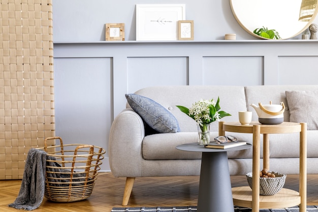 Intérieur de salon scandinave avec canapé gris design, table basse en bois, plantes tropicales, étagère, miroir, meubles, oreiller à carreaux, théière, livre et accessoires personnels élégants dans la décoration intérieure.