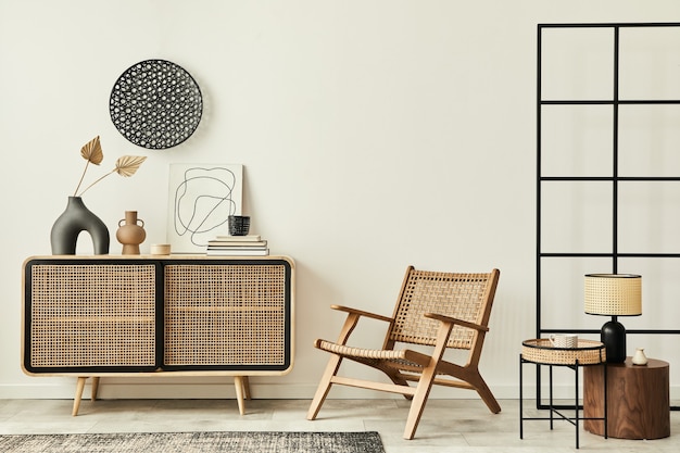 Intérieur de salon scandinave élégant d'un appartement moderne avec commode en bois, fauteuil design, tapis, feuille dans un vase, lampe de table et accessoires personnels dans un décor unique. Modèle.