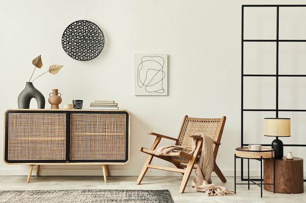 Intérieur de salon scandinave élégant d'un appartement moderne avec commode en bois, fauteuil design, tapis, peintures abstraites au mur et accessoires personnels dans un décor unique.