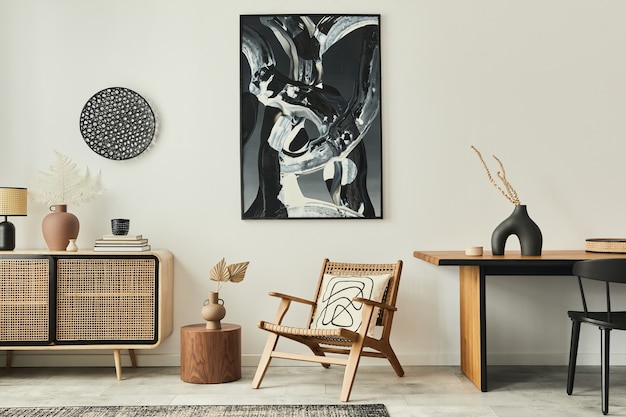 Intérieur de salon scandinave élégant d'un appartement moderne avec commode en bois, table design, chaises, tapis, peintures abstraites au mur et accessoires personnels dans un décor unique.