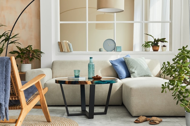 Intérieur de salon scandinave élégant avec canapé modulaire neutre, fauteuil, table basse design, fenêtre, lampadaire, plante, décoration, tapis et accessoires personnels dans un décor moderne.