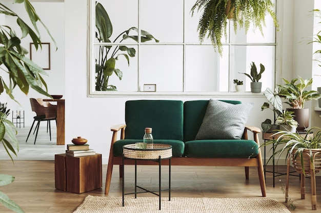 Intérieur de salon scandinave élégant avec canapé en velours vert table basse tapis plantes meubles accessoires élégants dans un décor de maison moderne Modèle