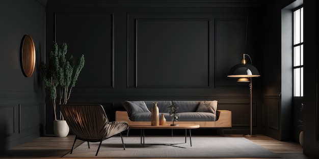 Intérieur de salon sombre avec canapé gris de luxe