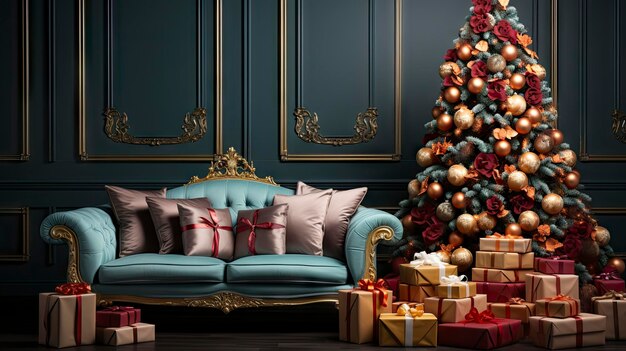 L'intérieur d'un salon sophistiqué décoré d'un arbre de Noël et de cadeaux de Noël