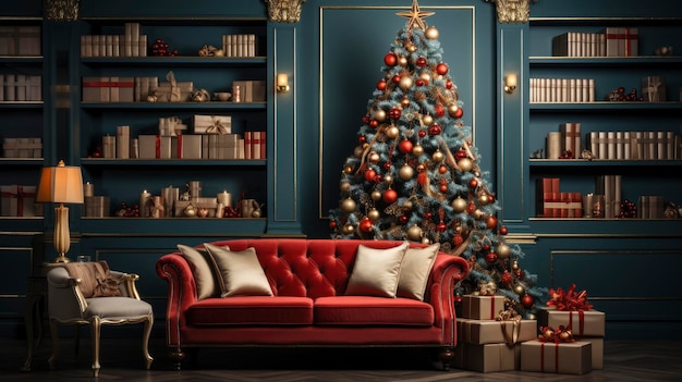 Intérieur d'un salon sophistiqué décoré d'arbres de Noël et de cadeaux de Noël