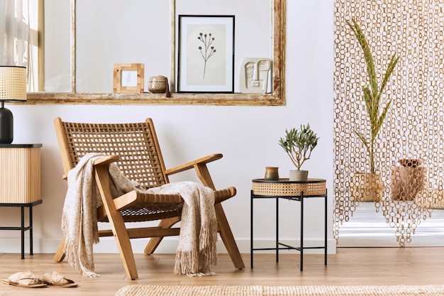 Intérieur de salon unique avec fauteuil en rotin élégant, mobilier design, fleurs séchées, cadre pour affiche, parquet, décoration et accessoires personnels élégants