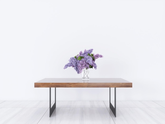 Intérieur de salon vide avec fleur violette sur table basse rendu 3D