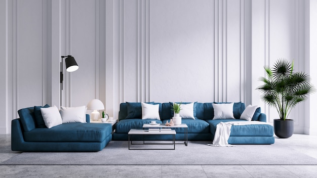 Intérieur de salon vintage moderne, canapé bleu avec mur blanc et sol en béton