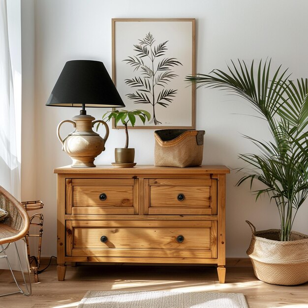 L'intérieur scandinave et de design du salon avec une lampe noire en bois