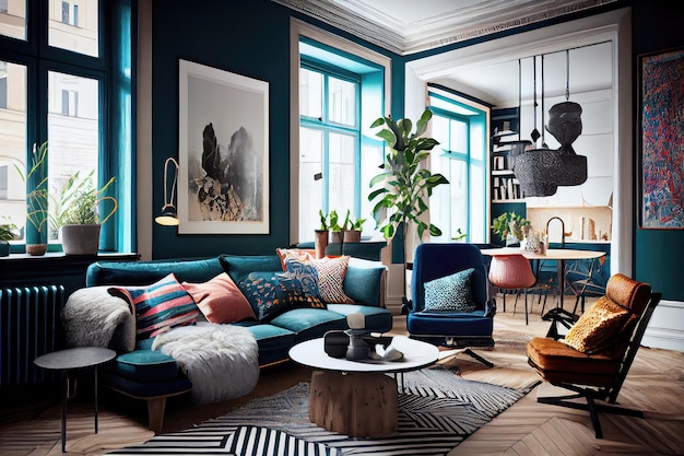 Intérieur scandinave avec mélange coloré et éclectique de textures et de motifs