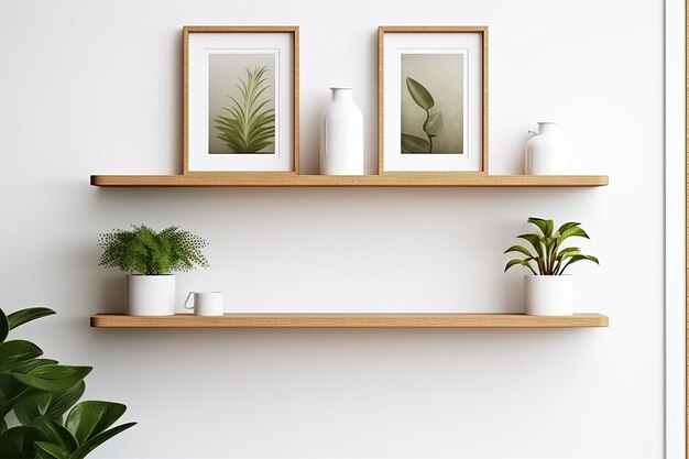 Photo intérieur scandinave moderne avec cadre photo maquette sur étagère en bambou orné de pots de plantes hipster élégants murs blancs étagères florales chics