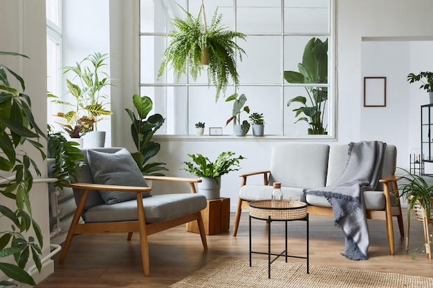 Intérieur scandinave moderne du salon avec canapé gris design, fauteuil, beaucoup de plantes, table basse, tapis et accessoires personnels dans une décoration chaleureuse.