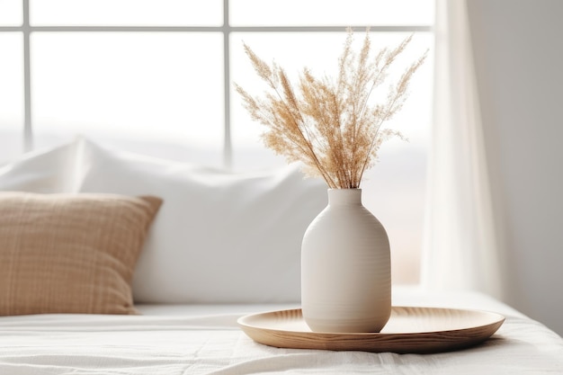 Intérieur scandinave avec vase blanc plateau en marbre herbe sèche banc en bois couverture et mur vide en b