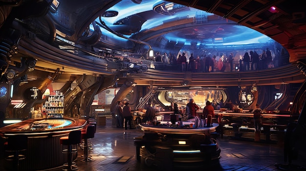 Intérieur sci-fi d'un bar ou d'un saloon spatial futuriste avec des décorations cyberpunk au néon