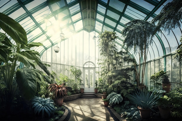 Intérieur de serre en verre de tente avec plante