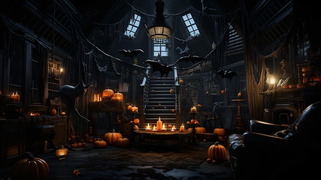 L'intérieur sombre de la maison décorée pour la citrouille d'Halloween