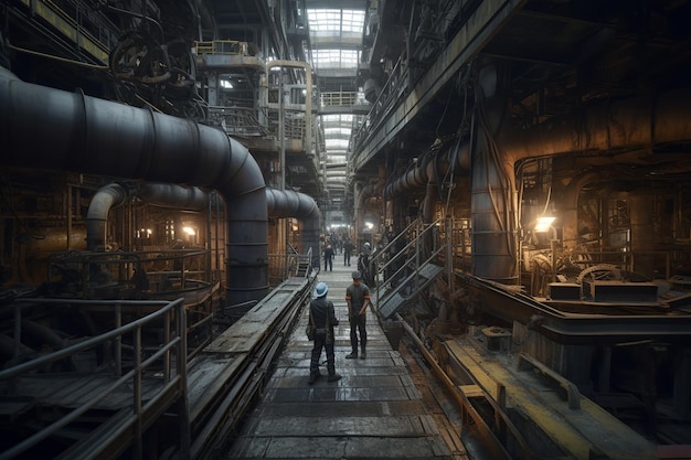 L'intérieur d'une sombre usine abandonnée avec un homme au chapeau bleu et une femme au chapeau blanc.