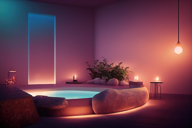 Intérieur de spa confortable dans des tons roses avec un éclairage doux illustration 3D rendu Ai