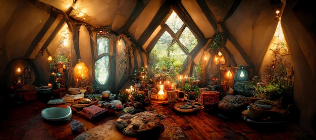 Intérieur spectaculaire d'un cottage médiéval fantastique Art numérique Illustration 3D