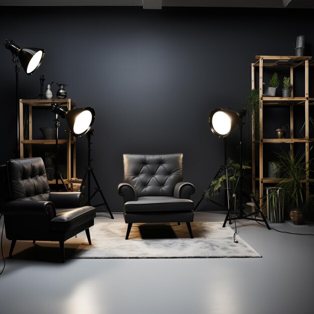 intérieur d'un studio photo moderne avec chaise et équipement professionnel