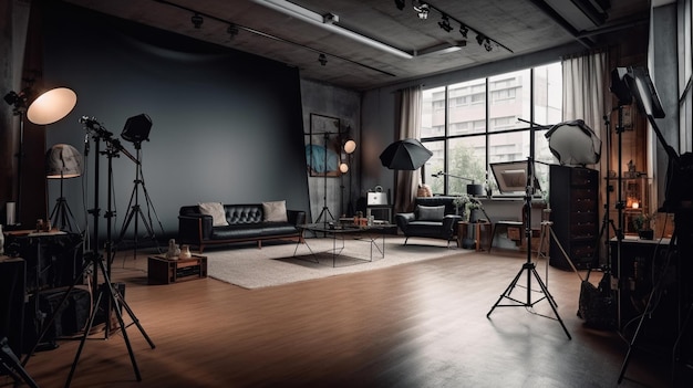 Intérieur d'un studio photo moderne avec équipement professionnel Generative Ai