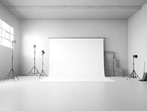 L'intérieur d'un studio de photographie avec une toile de fond blanche