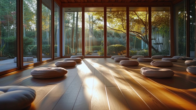 Intérieur d'un studio de yoga vide, spacieux, intérieur avec des fenêtres panoramiques, salle de méditation calme et paisible avec des meubles d'inspiration zen, plancher en bois, tapis en osier, oreillers, plantes d'intérieur.