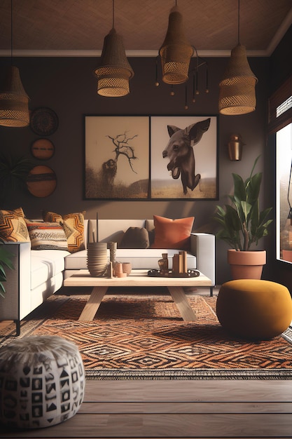 Intérieur de style africain du salon dans une maison de luxe Contenu IA génératif
