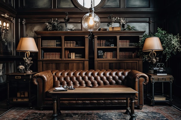 Un intérieur de style antique avec un canapé en cuir, une table en bois et un plafonnier suspendu