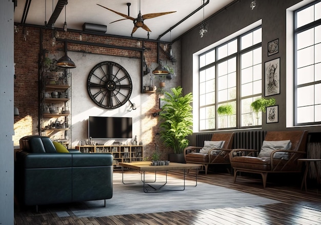 Intérieur de style industriel d'un salon loft