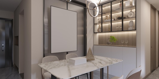 intérieur de style de luxe de salle à manger moderne avec cadre d'affiche de maquette vide