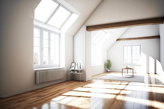 Intérieur de style scandinave de bureau vide avec parquet, murs et plafond blancs