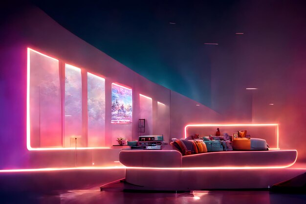 Intérieur de style Synthwave dans des tons roseorangeviolet et un éclairage au néon art généré par un réseau de neurones