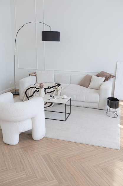 Intérieur super blanc simple, propre et élégant avec un mobilier moderne de couleur nude et des éléments noirs contrastants design de luxe d'un grand salon lumineux