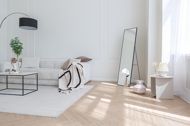 Intérieur super blanc simple, propre et élégant avec un mobilier moderne de couleur nude et des éléments noirs contrastants design de luxe d'un grand salon lumineux