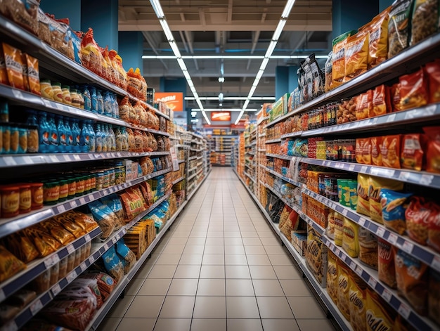 L'intérieur d'un supermarché avec un présentoir à collations, un long couloir et des ampoules au plafond AI générative