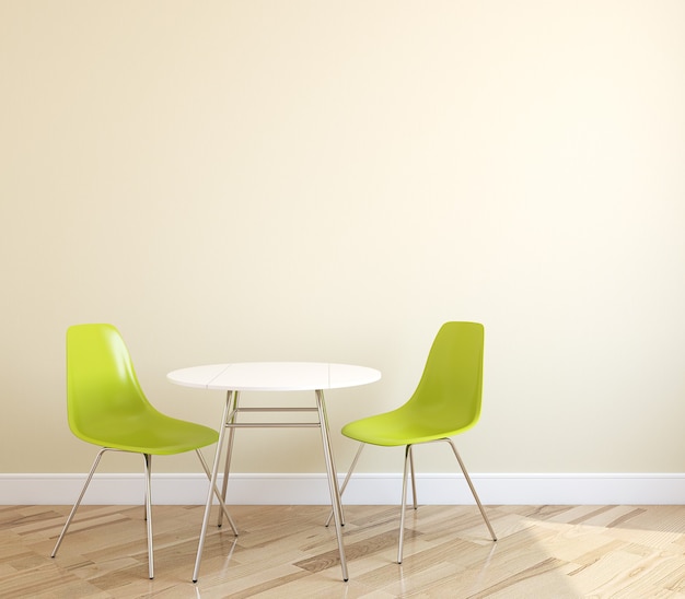 Intérieur avec table et deux chaises vertes près d'un mur beige vide. rendu 3D.
