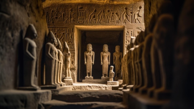 L'intérieur d'un temple avec des statues de dieux et de dieux