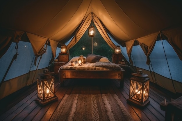 Intérieur de la tente de camping avec des bougies allumées la nuit Chambre à coucher dans le brouillard