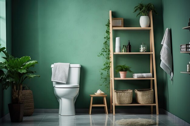 Intérieur des toilettes avec tapis de toilette et étagères près du mur vert