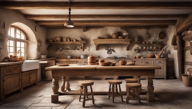 Intérieur traditionnel d'une ancienne cuisine de village dans une maison de campagne historique