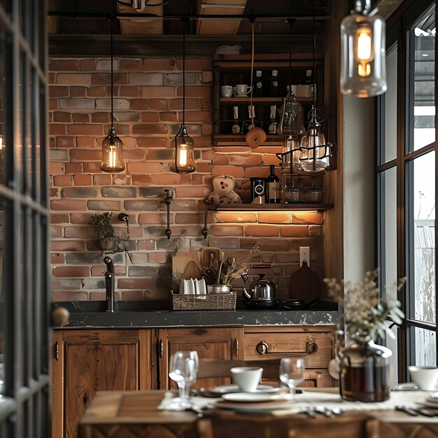 L'intérieur des trois petits cochons inspiré de la cuisine avec des idées de concept d'art de décoration à motifs de briques