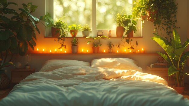 Intérieur typique d'une chambre à coucher avec des étagères, des bougies et des plantes d'intérieur