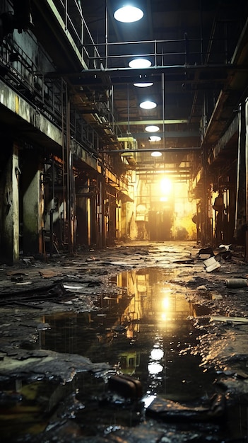 Photo l'intérieur d'une usine abandonnée avec de l'eau sur le sol.