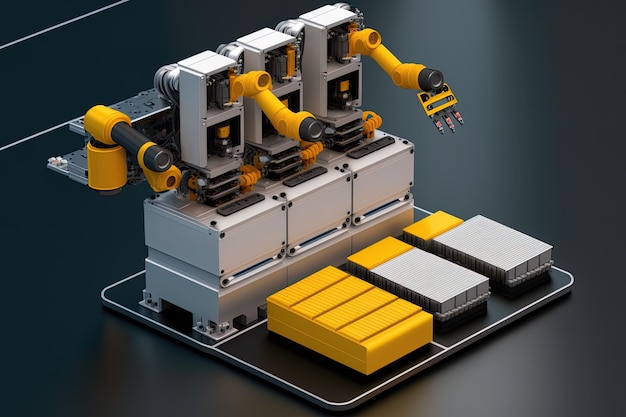 Intérieur de l'usine de l'industrie Ligne d'assemblage de robots avec module de cellules de batterie de voiture électrique sur la plate-forme Generative AI