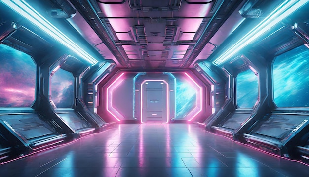 Photo intérieur d'un vaisseau spatial bleu et rose avec des néons sur les murs du panneau corridor futuriste dans la station spatiale