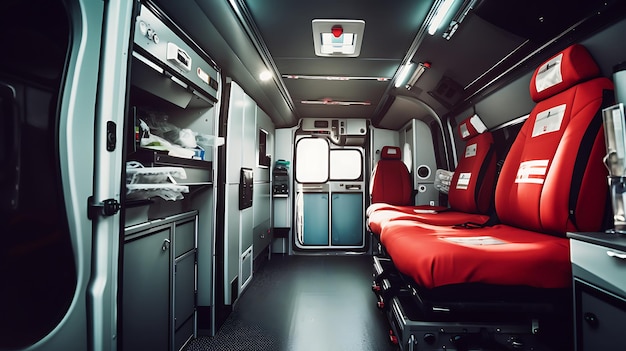 Photo l'intérieur d'un véhicule d'urgence moderne ambulance d'accident simulée avec personne